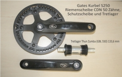 Gates Kurbel S250 mit Alu-Riemenschutzscheibe  INCL.  Thun Zumba Innenlager (Tretlager) 133,6 mm für Rohloff mit Riemenantrieb - Sonderpreis