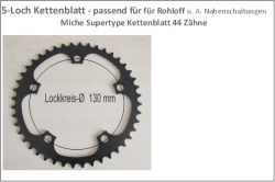 Kettenblatt Alu schwarz 44 Zähne (Vollzahn ohne Steighilfen) - Lochkreisdurchmesser 130 mm - passend für Rohloff u. 9/10-fach - Miche Supertype CGSUSB3044B00