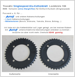 ⚠️ Truvativ Kettenblatt - Lochkreis 104 mm - 36 - 38 - 40 - 42 Zähne.  Superpreis. Für Singleantriebe - Rohloff - Nabenschaltungen - Mittelmotoren... TRUVATIVX