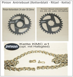 Pinion Komplettset:   Kettenblatt - Ritzel - Kette opt. Lockringwerkzeug opt. mit Halbgliedkette