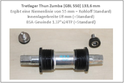 Thun Zumba Tretlager Innenlager Vierkant 133,6 mm - passend für Gates S150 und S250 Kurbel - Riemenlinie  55 cm (=Rohloff)
