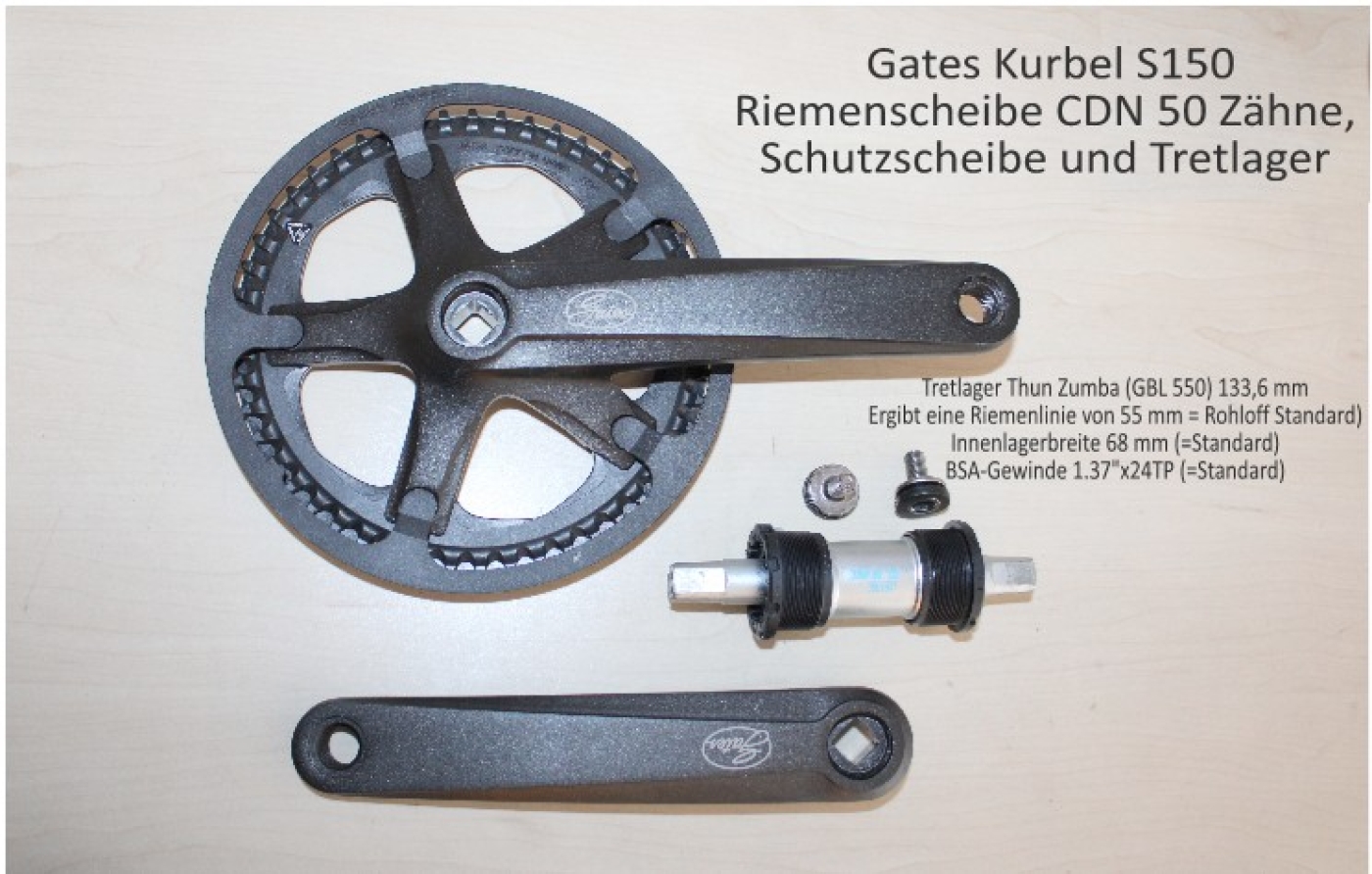 Gates Kurbel S150 mit  Riemenschutzscheibe - opt. mit  Thun Zumba Innenlager (Tretlager) 133,6 mm für Rohloff mit Riemenantrieb - Sonderpreis